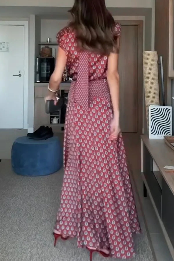 Vintage Printed Slim Office Commuting Suit Casual Loose Top+High Waisted Skirt 2pc Set Elegant Semi High Neck Sleeveless Outfit