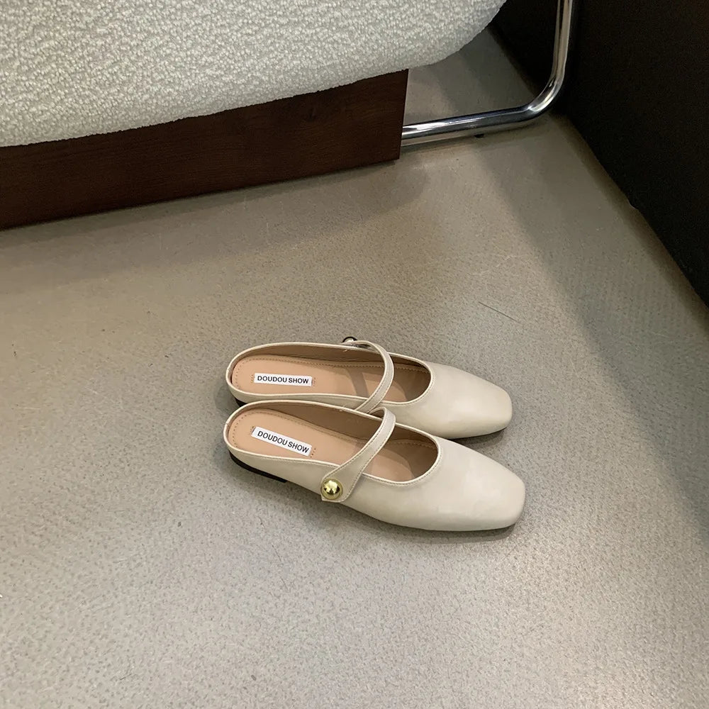 Soft Leather 2025 Ins Silver Buckle Strap Casual Shoes Fashion Flats Elegant Glitter Metallic Mules Shoes Cover Toe Slippers