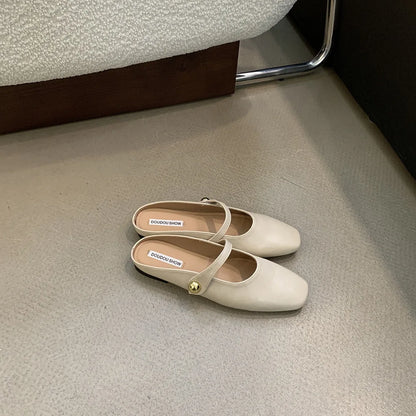 Soft Leather 2025 Ins Silver Buckle Strap Casual Shoes Fashion Flats Elegant Glitter Metallic Mules Shoes Cover Toe Slippers