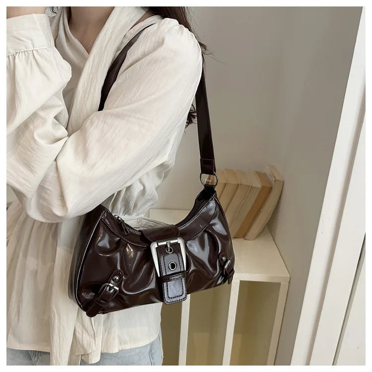 Fashion Pleated Lock Design Women's PU Shoulder Bags Simple Solid Color Ladies Underarm Bag Portable Cool Girls Phone Handbag
