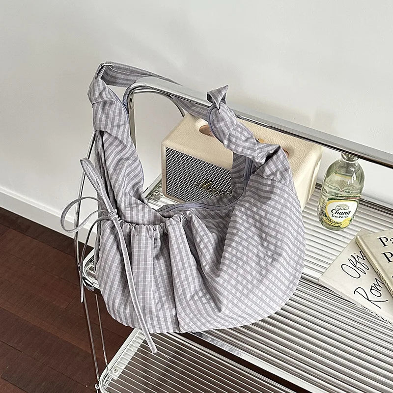 Retro Plaid Hobos Messenger Bags for Women Drawstring Pocket Nylon Dumpling Bag Large Capacity Portable Travel Shoulder Bags