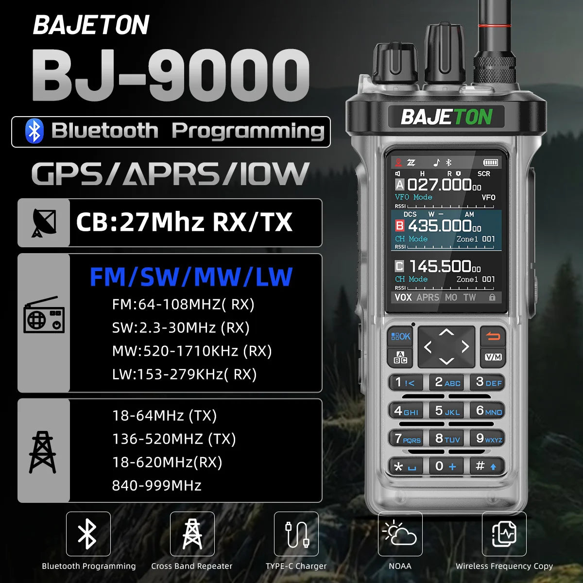 1/2PCS BAJETON BJ-9000 Walkie Talkie 10W AM/FM/CB/LSB/USB/CW Receiver with GPS APRS For Radtel RT-950 PRO RT-950 Two Way Radio