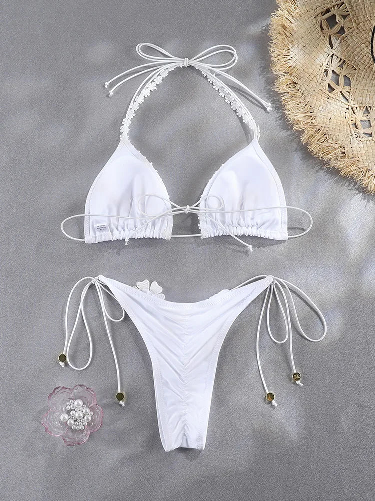 Floral Print Bordered Bikini Set Sexy Swimwear Women 2026 Bikinis Swimsuit Micro Thong Bandage Bathing Suits