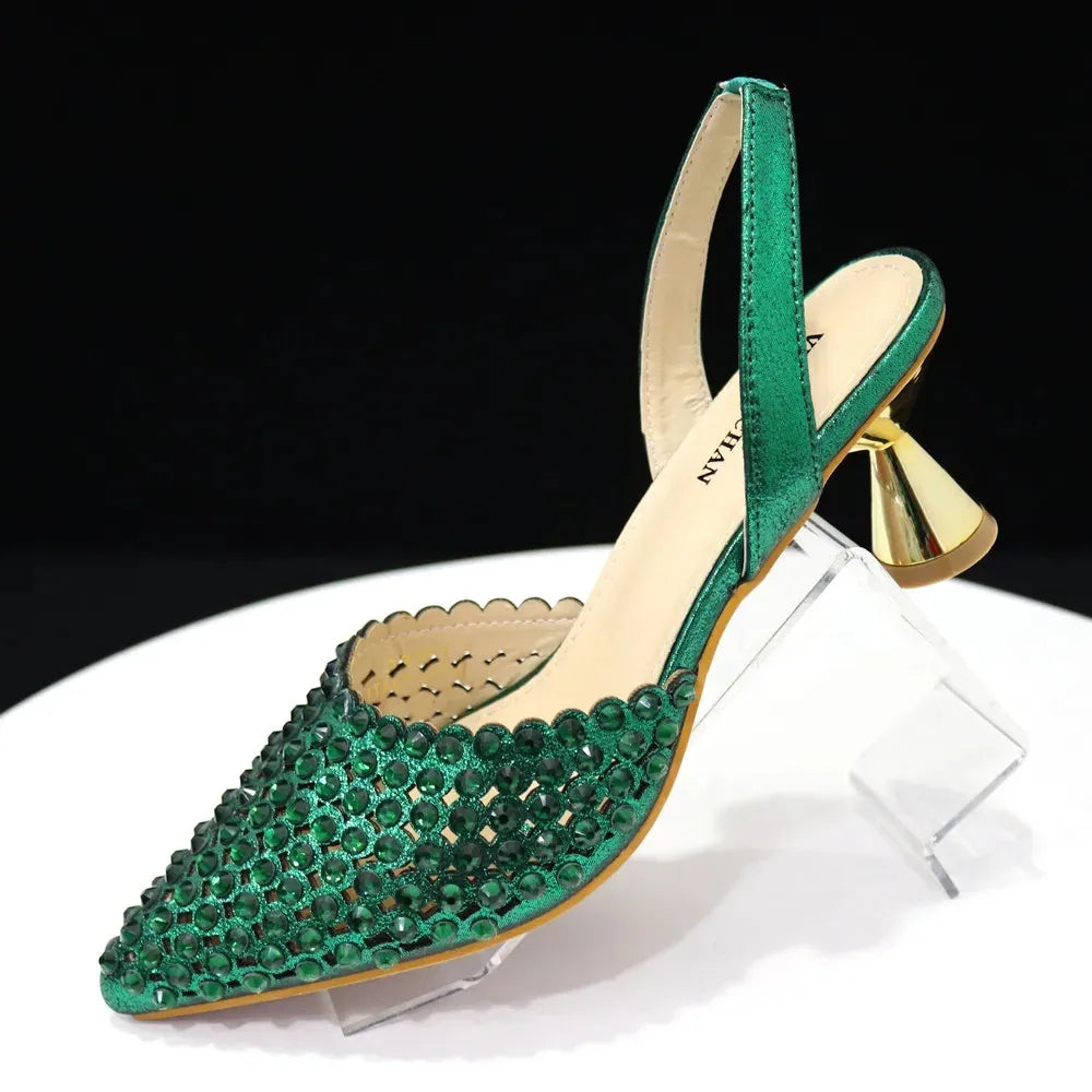 Multicolor Rhinestone Heels & Bag Set | Crystal Pointed Slingback Pumps, Women Wedding Bridal Evening Party Matching Shoes Handb