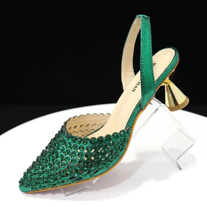 Multicolor Rhinestone Heels & Bag Set | Crystal Pointed Slingback Pumps, Women Wedding Bridal Evening Party Matching Shoes Handb