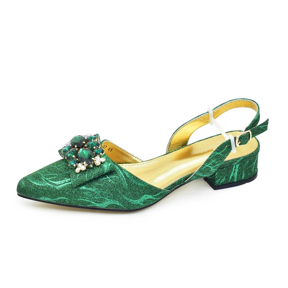 Ladies Shoe and Bag Set Latest Designers Low Heels Elegant Wedding Italian Shoes Bag Set Withn Rhinestone Green Shoe and Purse