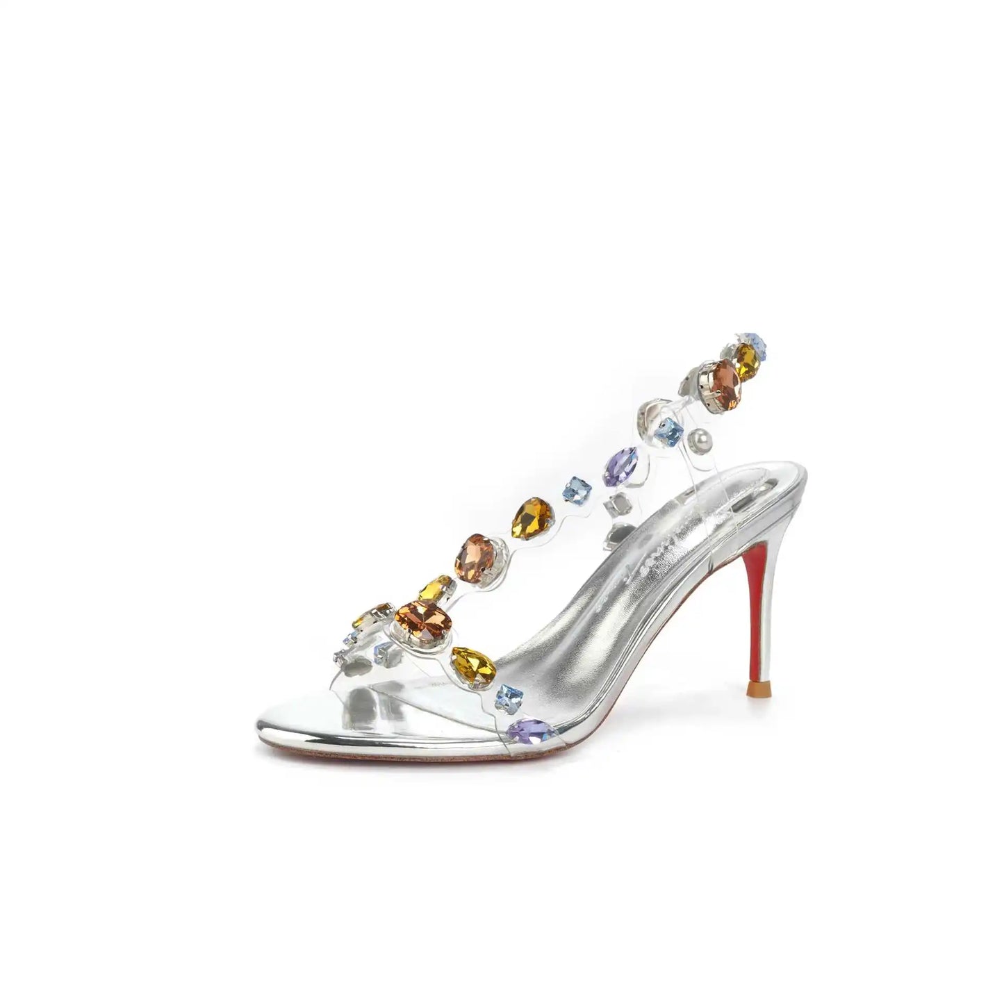 New silver rhinestone transparent straight strap sandals with slim heels and exposed toes, fashionable and stylish crystal shoes