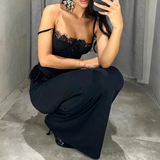 2026 Elegant Lace Patchwork Waist Party Blouse Women Fashion Hight Street Slim Vest Sexy Off Shoulder Sleeveless Suspender Tops