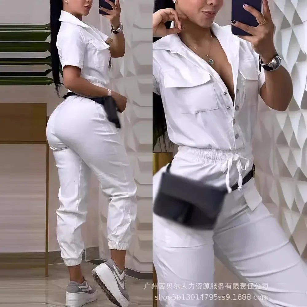 Short Sleeve Pocket Design Cuffed Cargo Jumpsuit Women Summer Solid Color Playsuits Jumpsuits Pants High Waist