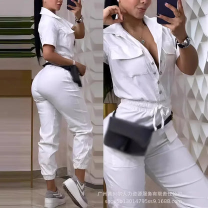 Short Sleeve Pocket Design Cuffed Cargo Jumpsuit Women Summer Solid Color Playsuits Jumpsuits Pants High Waist