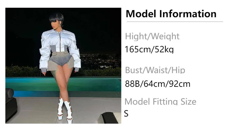 Autumn Winter Cotton Jacket Women's Fashion Round Neck Long-sleeved Zipper Drawstring Waist Warm Casual Reflective Cotton Jacket