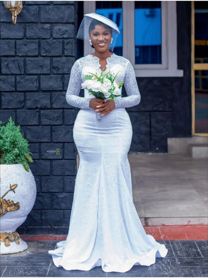 Custom New Women's Long Sleeves White Retro Elegant African Style Mermaid Wedding Dress Satin Lace Decoration Vestido De Novia
