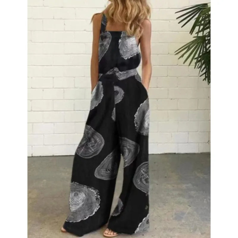 Women Summer Loose Printed Jumpsuits Sleeveless Bib Overalls Siamese Button Wide Leg Pants Long Trousers Female Fashion Clothing