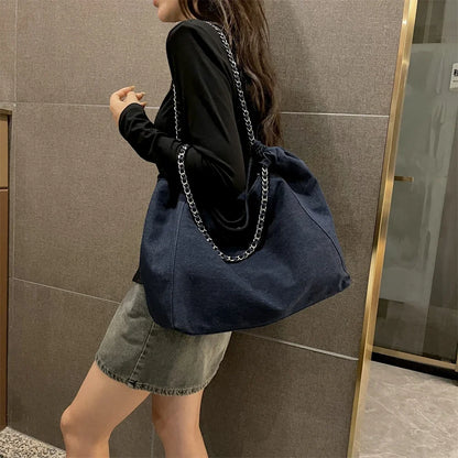 Chic Style Big Chain Shoulder Tote Bags For Women 2023 Luxury Designer Handbags Denim Fabric Pure Color Large Capacity Shoppers