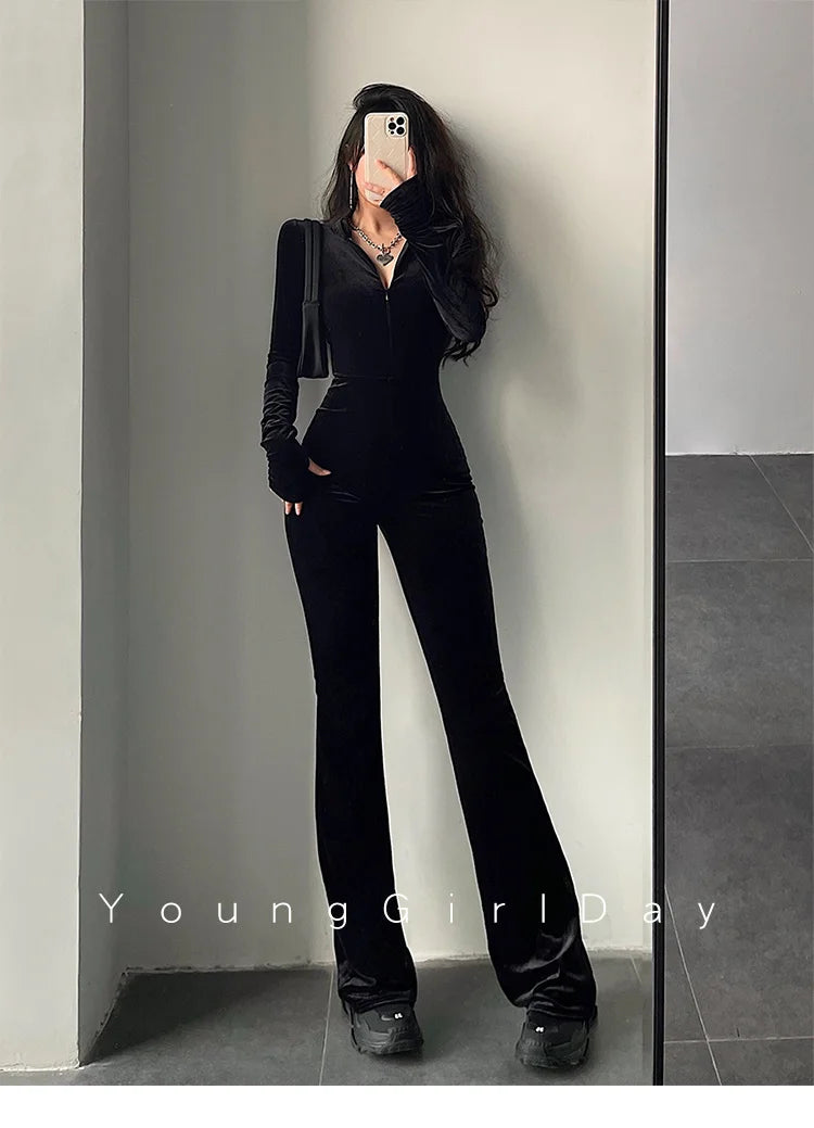WOMENGAGA Fashion Black Velvet Slim Hooded Zipper Long Sleeve Flare Pants Jumpsuit Rompers Korean Sexy Hot Tops 2022 9P64