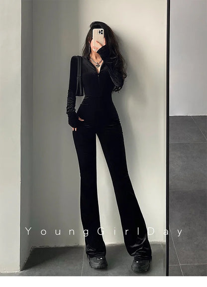 WOMENGAGA Fashion Black Velvet Slim Hooded Zipper Long Sleeve Flare Pants Jumpsuit Rompers Korean Sexy Hot Tops 2022 9P64