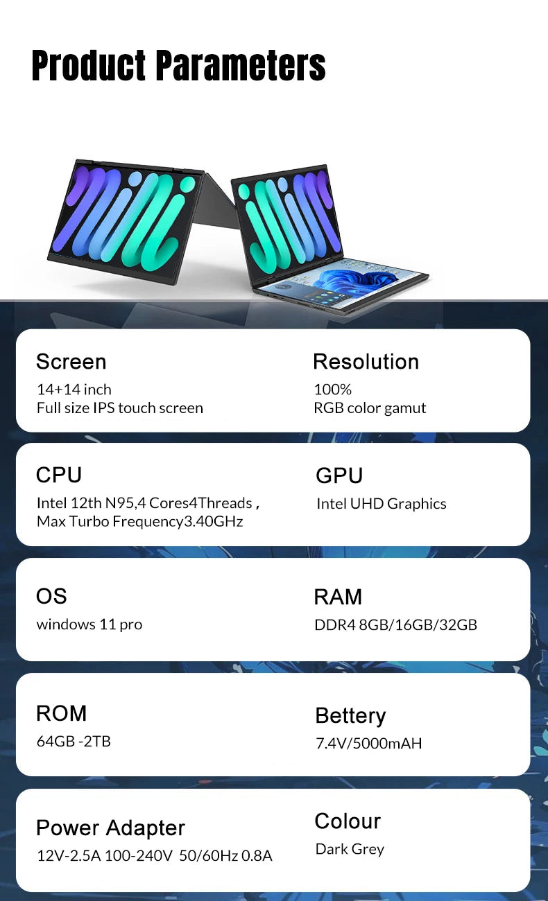 CRELANDER Mini Laptops 14 Inch 2240*1440 Double Touch Screen Intel Processor Foldable Tablet PC Windows11 Dual Screen Laptop