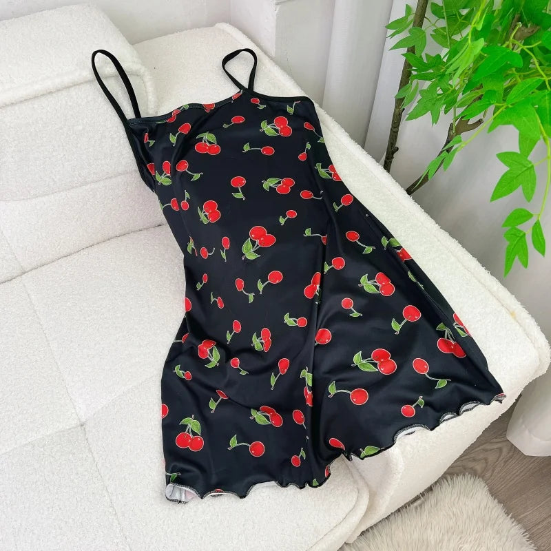 FINETOO Summer Teddy Bear Sleepwear Women Seamless Hearts Butterfly Floral Printed Sleeveless Ruffled Loungewear Cute Nightdress