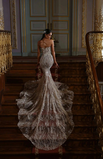 FW Sparkling Mermaid Gown Wedding Dresses Appliques Crystal Sequins Lace Bridal Gowns Big Size Vestidos De Novia Customized