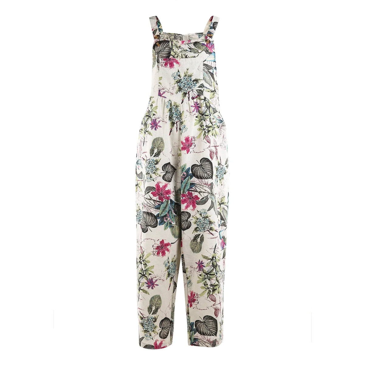 Combhasaki Women's S-3XL Cotton and Linen Jumpsuit Leaf Floral Print Square Neck Sleeveless Casual Loose Overalls with Pockets