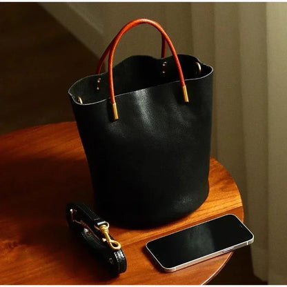Luxury Leather Green Bucket Bag Retro Metal Handle Large Capacity Tote Bag Fashionable Casual Solid Color Shoulder Bag