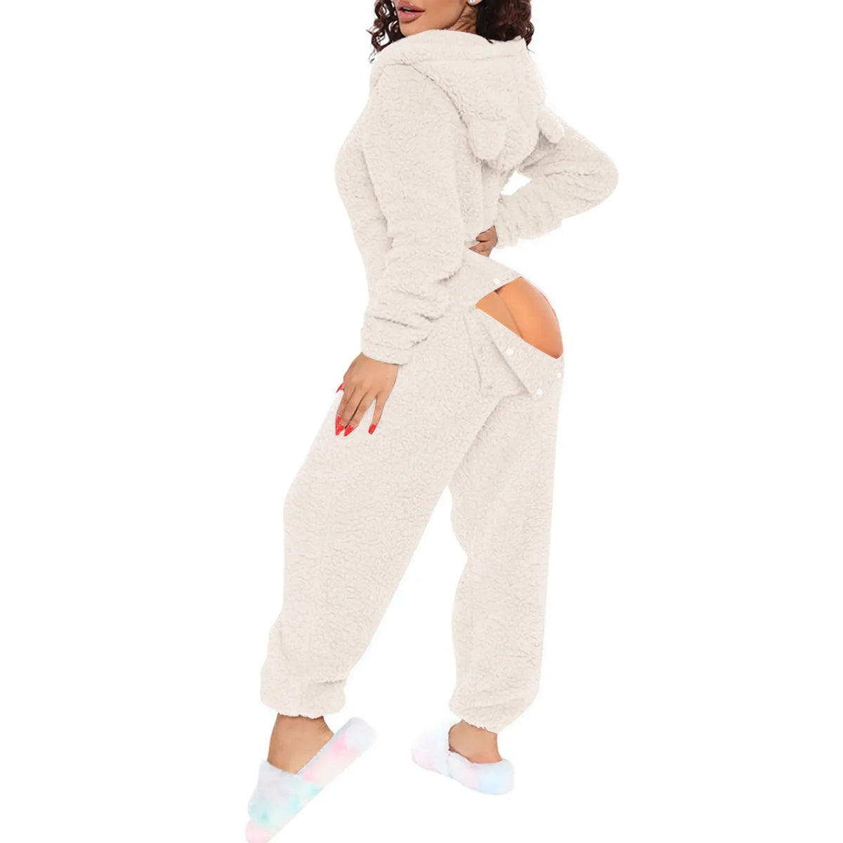 Women Jumpsuit Long Sleeve Pajama Zipper Hooded Jumpsuit Casual Winter Warm Sleepwear Sexy Butt Button Back Flap Home Clothing