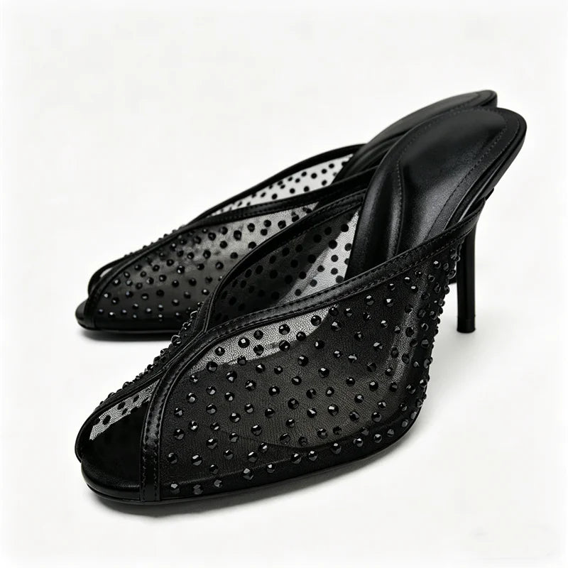 Luxury Rhinestone Detail Mules Sandals Women Sexy Peep Toe High Heel Slippers for Ladies Elegant Banquet Shoes Summer Mesh Shoes