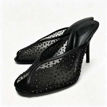 Luxury Rhinestone Detail Mules Sandals Women Sexy Peep Toe High Heel Slippers for Ladies Elegant Banquet Shoes Summer Mesh Shoes