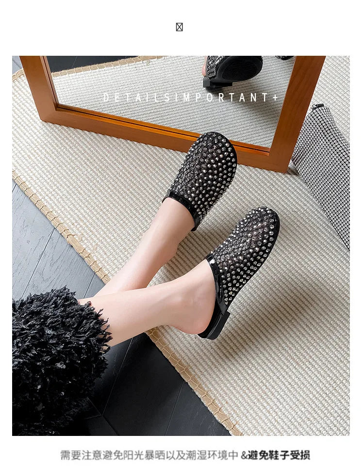 Summer Shoes for Women Slippers Luxury Rhinestone Rivets Casual Sandals Mesh Slip-on Loafers