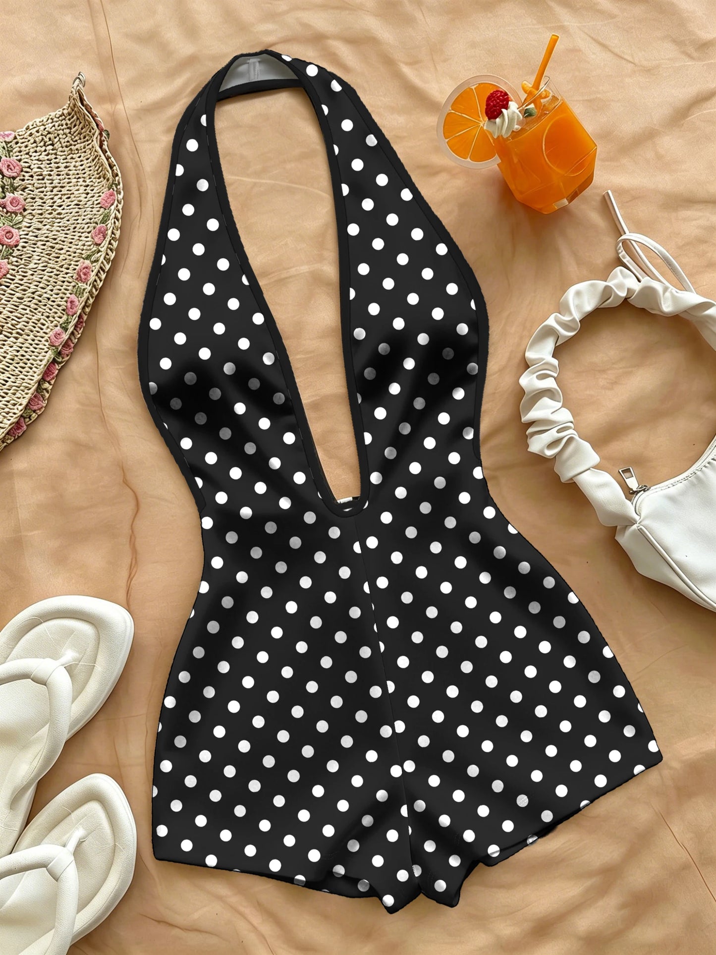 French-Style Retro Polka Dot Halter Neck Jumpsuit, Deep V Backless Waist-Cinching Slimming Hot Girl Beach Casual Jumpsuit