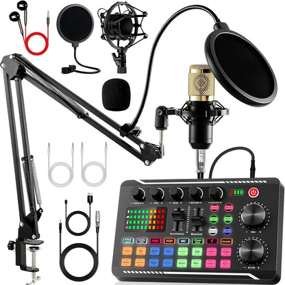 Podcast equipment set, with BM-800microphone (gold)and F998 sound card,podcast equipment forpodcasting,singing, gaming and live streamingstudioequipment