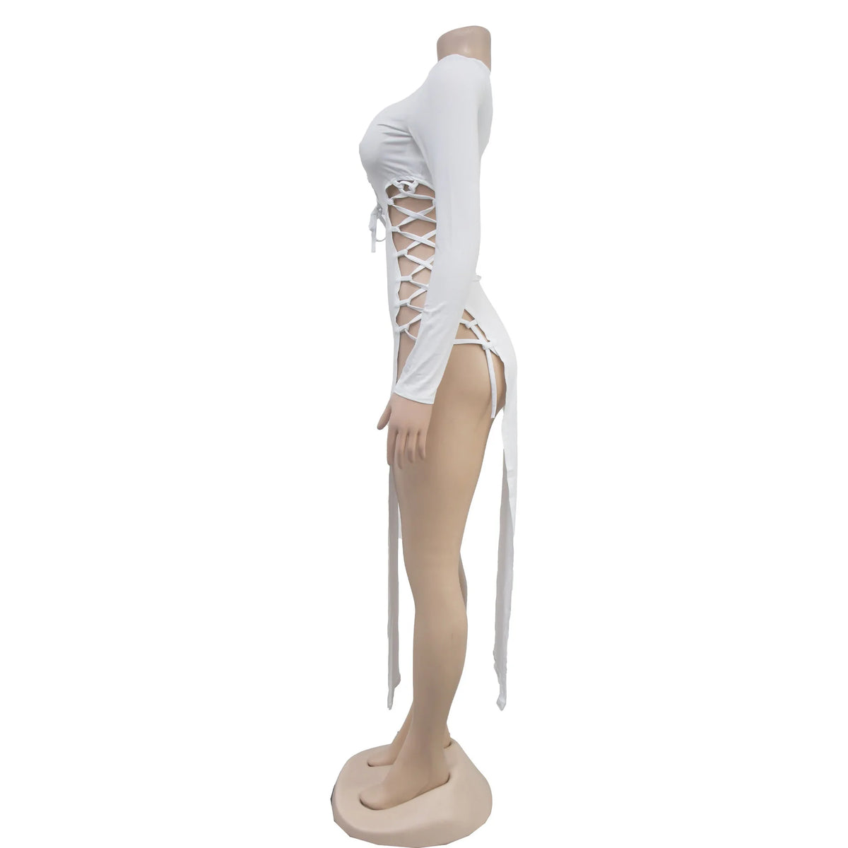HLJ Sexy Solid Hollow Out Bandage Slit Bodycon Mid Dresses Women Round Neck Long Sleeve Slim Vestidos Fashion Party Club Clothes