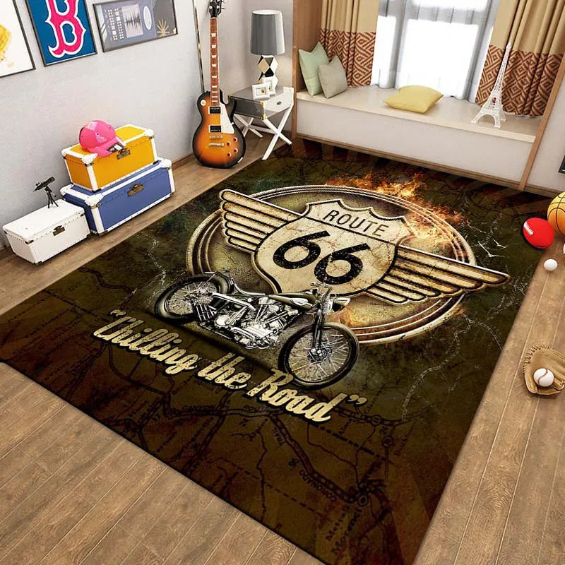Route 66 Motorcycle Pattern Print Flannel Area Rug Americana Theme Soft Comfortable Floor Mat For Living Room Bedroom