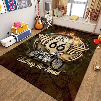 Route 66 Motorcycle Pattern Print Flannel Area Rug Americana Theme Soft Comfortable Floor Mat For Living Room Bedroom