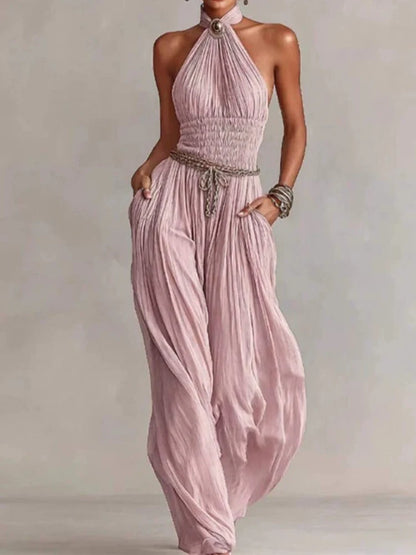 Elegant High Waist Pocket Wide Leg Playsuits Fashion Off Shoulder Halter Jumpsuits Summer New Sleeveless Hollow Out Pure Rompers