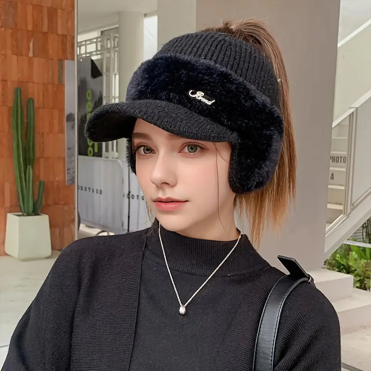 Winter Hat for Women New Fashion Winter Warm Ear Wing Knitted Cap Baseball Cap Outdoor Sports Windproof Ponytail Hat Visor