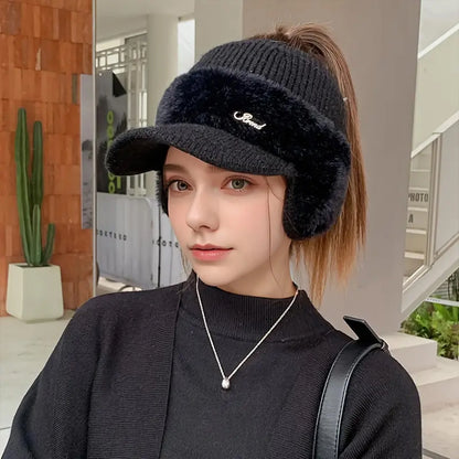 Winter Hat for Women New Fashion Winter Warm Ear Wing Knitted Cap Baseball Cap Outdoor Sports Windproof Ponytail Hat Visor