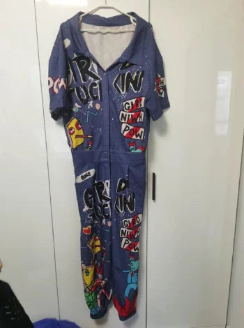 New Women Cartoon Graffiti Printing One Piece Overalls Mandarin Collar Short Sleeve Jumpsuit Hip Hop Design Rompers Baggy Pants