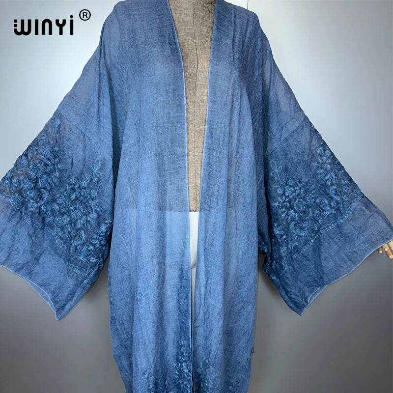 WINYI Kimono Hand-Dyed Embroidered Cardigan Beachwear Evening Dress Abaya Dubai Luxury Cover-Ups Beach Outfits Women Maxi Coat