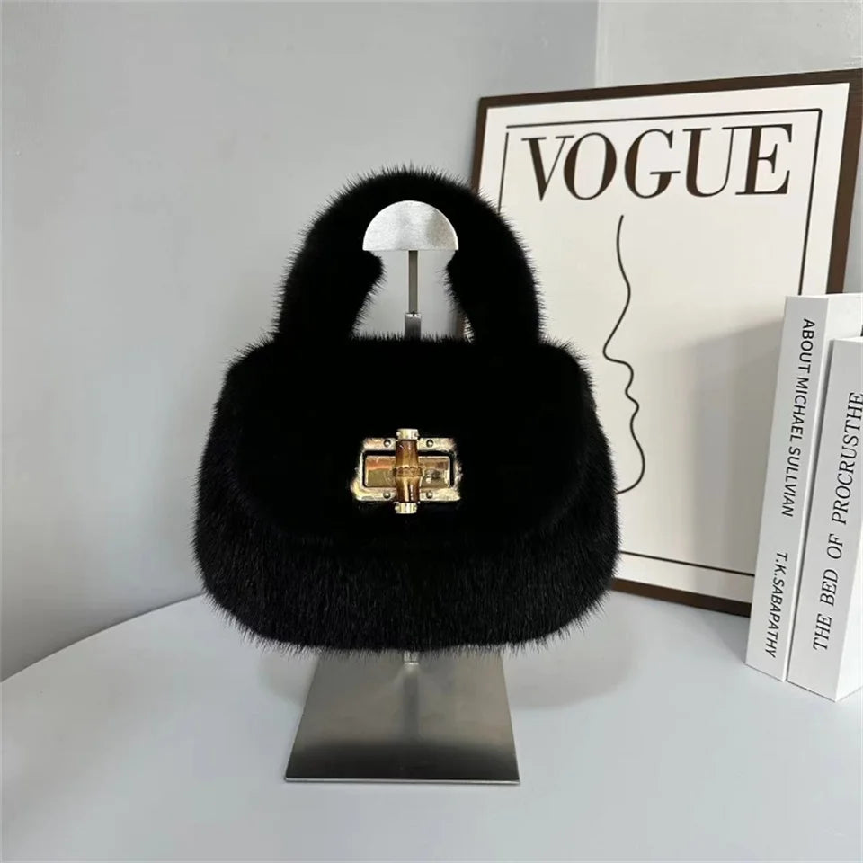 Fur Women's Mink Fur Bag Luxury Warm Plush Wrist Bags  Women Fashion Furry Short Handle Clutch Cute Ladies Fur Bags For Women