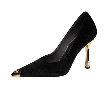 Women Peach Pink Velvet Metal Capped Pointed Toe Pumps Gold Trapezoid Thin High Heels Gentle Retro Luxury Date Banquet Ladies