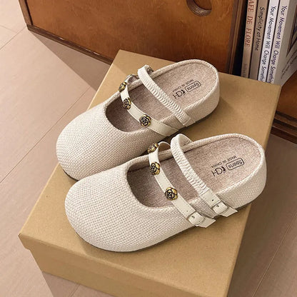Women's Woven Mary Jane Mules Flat Round Toe Slip-On Shoes with Buckle Straps and Rose Hardware Casual Balletcore Summer Sandals