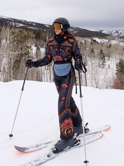 Vintage Printed Women's Ski Jumpsuits Full Sleeve Zippers Stand Collar Pocket Lady Rompers 2026 Autumn Winter Female SkiWear New