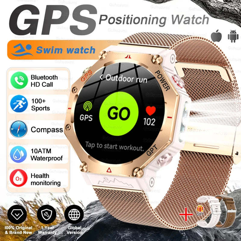 New Military Real GPS Smart Watch Men 10ATM IP69K Waterproof Swim Sports Watches Flashlight Bluetooth Call AMOLED HD Smartwatch