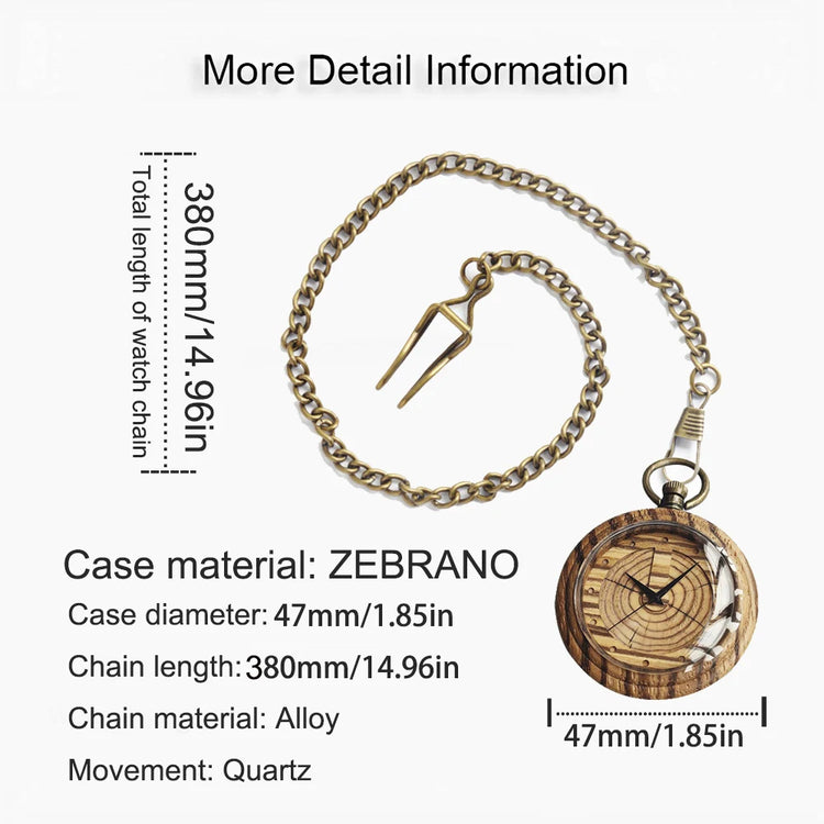 Wooden pocket watch with tree ring pattern, metal chain sweater pendant watch, unisex pocket watch, exquisite holiday gift