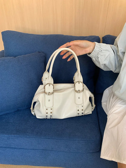 Fashion rivet women Shoulder Bag PU leather Hot girl motorcycle bag bolsa feminina female Underarm Bag ladies big handbag Black