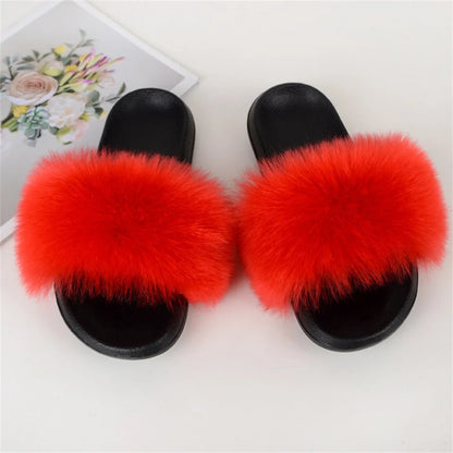 Women's Summer Faux Fur Fox Fur Slippers Fashion Luxury Indoor and Outdoor Non-Slip Solid Color Flat Bottom Furry Sandals