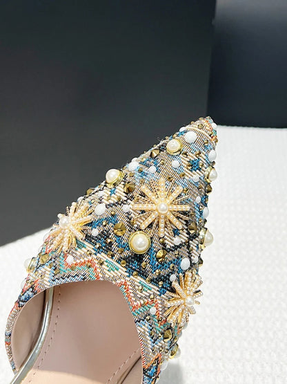 Luxury String Bead Decoration Design Brand High Heel Slippers Women Shiny Rhinestone Slide Sandals Elegant Wedding Bridal Shoes