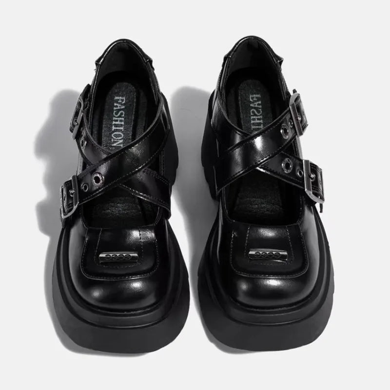 Mary Jane Shoes 2026 New Punk Metal Block Heel Platform Women's Shallow Mouth Buckle Single Shoes