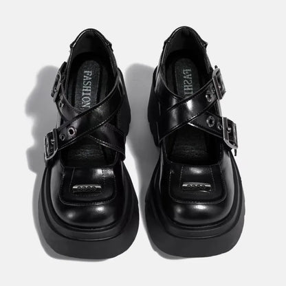 Mary Jane Shoes 2026 New Punk Metal Block Heel Platform Women's Shallow Mouth Buckle Single Shoes